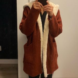 Zara oversized red knit cardigan w faux fur hood